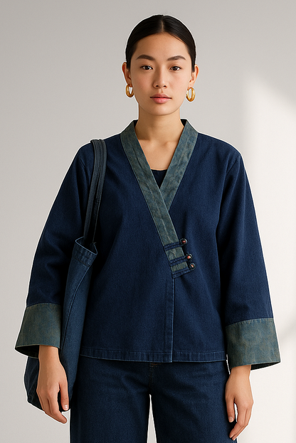 Kori Women's Navy Kimono Style Jacket - Contrast V-Neck & Cuffs | Denim Effect Coat Lumenhaus Collective