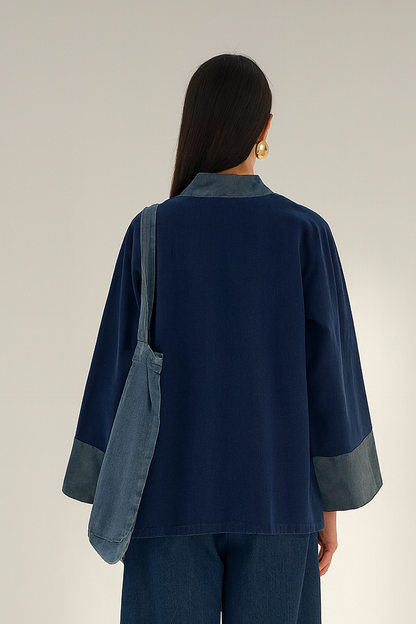 Kori Women's Navy Kimono Style Jacket - Contrast V-Neck & Cuffs | Denim Effect Coat Lumenhaus Collective