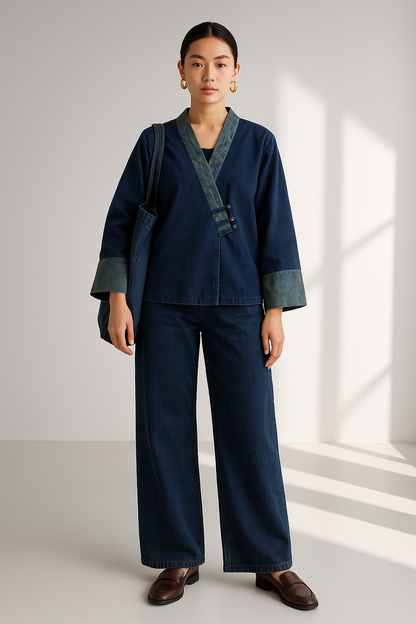 Kori Navy Kimono Style Women's Jacket - Contrast V-Neck & Cuffs | Denim Effect Coat
