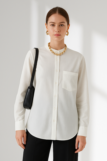 Fava Women's White Stand Collar Blouse - Striped Pleated Effect Long Sleeve Shirt Lumenhaus Collective