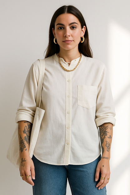 Fava Women's White Stand Collar Blouse - Striped Pleated Effect Long Sleeve Shirt Lumenhaus Collective