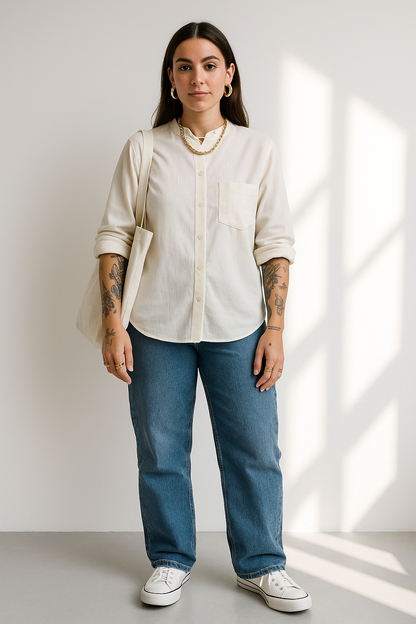 Fava White Stand Collar Women's Blouse - Striped Pleated Effect Long Sleeve Shirt