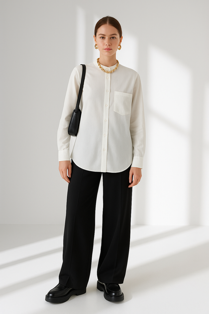 Fava White Stand Collar Women's Blouse - Striped Pleated Effect Long Sleeve Shirt