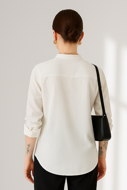 Fava Women's White Stand Collar Blouse - Striped Pleated Effect Long Sleeve Shirt Lumenhaus Collective