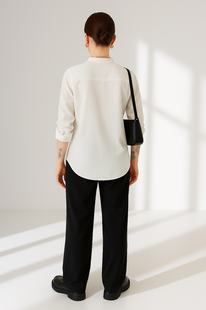 Fava White Stand Collar Women's Blouse - Striped Pleated Effect Long Sleeve Shirt