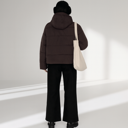 Tori Cropped Women's Puffer Jacket - High Collar Hooded Loose Fit Winter Coat