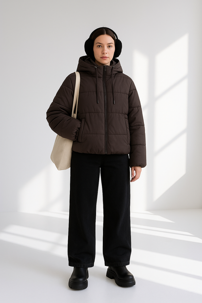 Tori Cropped Women's Puffer Jacket - High Collar Hooded Loose Fit Winter Coat