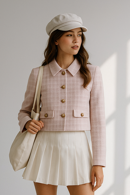 Ella Women's Pink Checkered Tweed Cropped Jacket - Lapel Button Pocket Outerwear Lumenhaus Collective