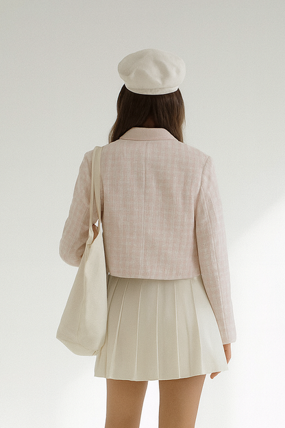 Ella Women's Pink Checkered Tweed Cropped Jacket - Lapel Button Pocket Outerwear Lumenhaus Collective