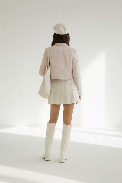 Ella Pink Checkered Cropped Women's Tweed Jacket - Lapel Button Pocket Outerwear