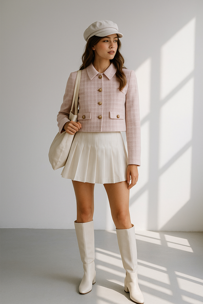 Ella Pink Checkered Cropped Women's Tweed Jacket - Lapel Button Pocket Outerwear