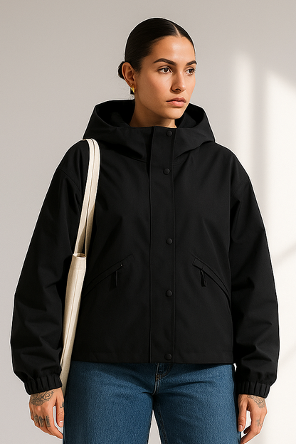 Sylvie Women's Black Waterproof Cropped Jacket - Hooded Loose Fit Spring Summer Fall Lumenhaus Collective