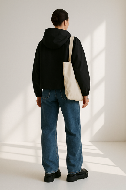 Sylvie Black Waterproof Cropped Women's Jacket - Hooded Loose Fit Spring Summer Fall