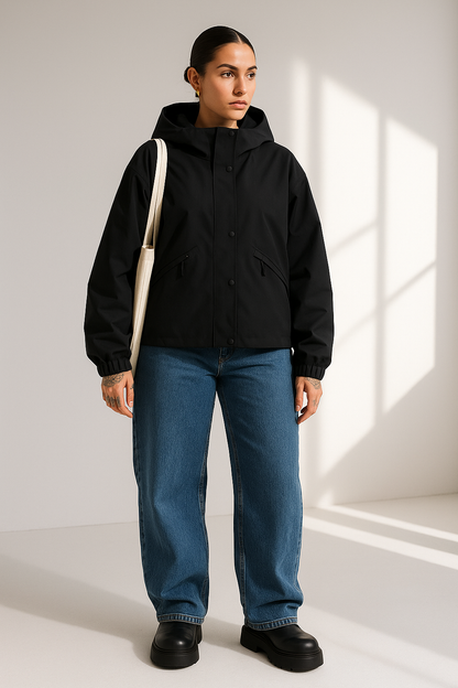 Sylvie Black Waterproof Cropped Women's Jacket - Hooded Loose Fit Spring Summer Fall
