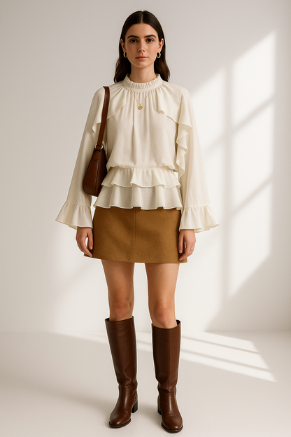 Chel White Ruffle Women's Blouse - Stacked High Neck Loose Fit Spring Summer Shirt