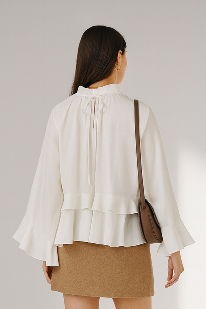 Chel Women's White Ruffle Blouse - Stacked High Neck Loose Fit Spring Summer Shirt Lumenhaus Collective