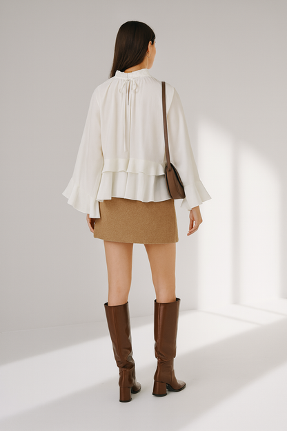 Chel White Ruffle Women's Blouse - Stacked High Neck Loose Fit Spring Summer Shirt