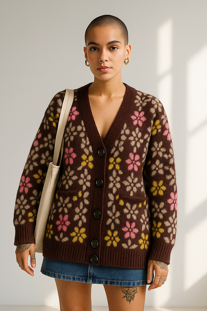 Stevie Women's V-Neck Jacquard Sweater Cardigan - Floral Print Loose Fit Outerwear Lumenhaus Collective