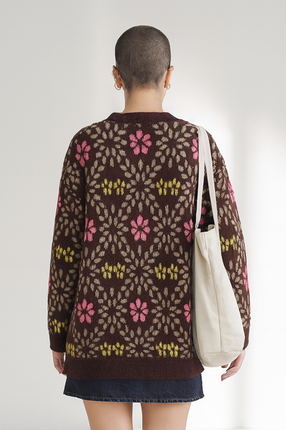 Stevie Women's V-Neck Jacquard Sweater Cardigan - Floral Print Loose Fit Outerwear Lumenhaus Collective