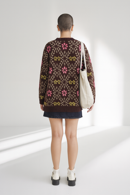 Stevie Women's Cardigan V-Neck Jacquard Sweater - Floral Print Loose Fit Outerwear