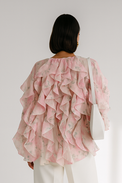 Chanelle Women's Floral Ruffle Blouse - Pink Loose Fit Long Sleeve Spring/Summer Top Lumenhaus Collective