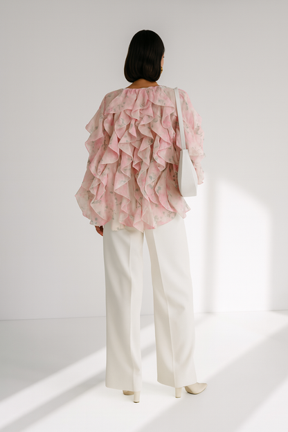 Chanelle Floral Ruffle Women's Blouse - Pink Loose Fit Long Sleeve Spring/Summer Top