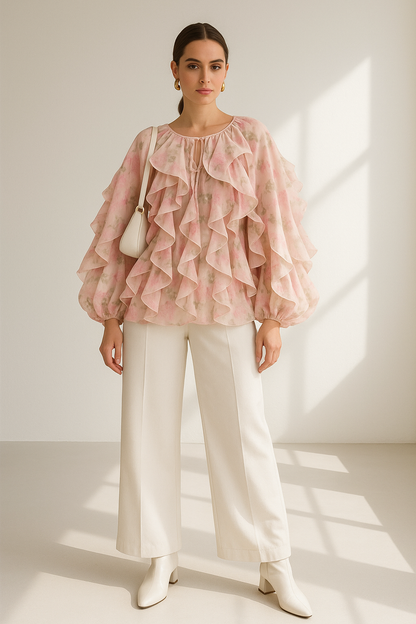 Chanelle Floral Ruffle Women's Blouse - Pink Loose Fit Long Sleeve Spring/Summer Top