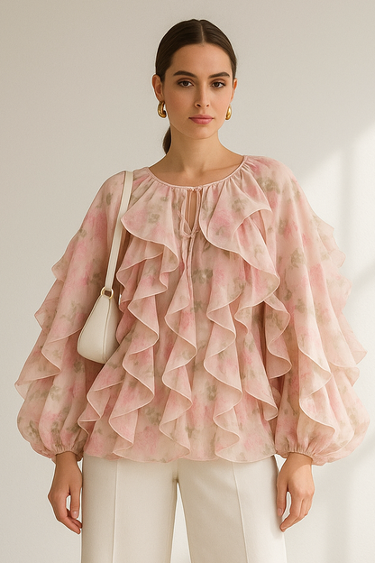 Chanelle Women's Floral Ruffle Blouse - Pink Loose Fit Long Sleeve Spring/Summer Top Lumenhaus Collective