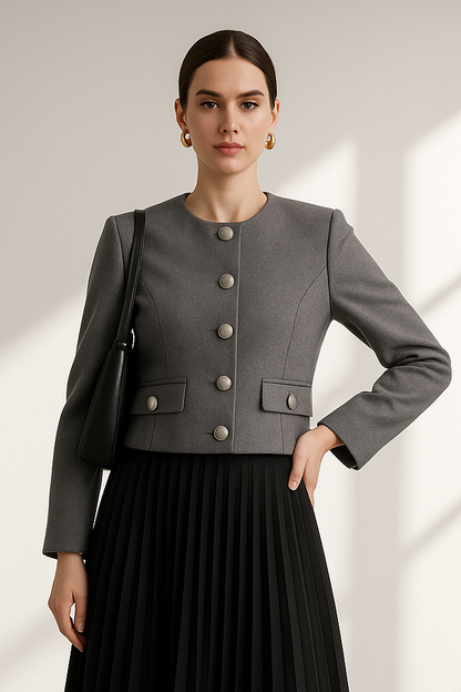 Zaya Women's Gray Collarless Suit Jacket - Cropped Long Sleeve Top Lumenhaus Collective