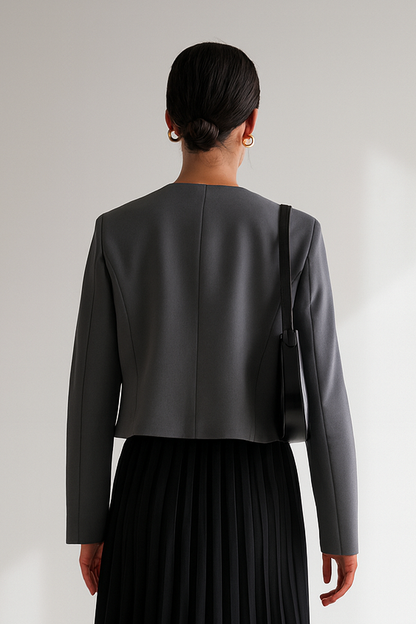 Zaya Women's Gray Collarless Suit Jacket - Cropped Long Sleeve Top Lumenhaus Collective