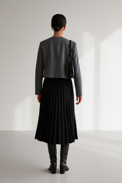 Zaya Gray Collarless Suit Women's Jacket - Cropped Long Sleeve Top