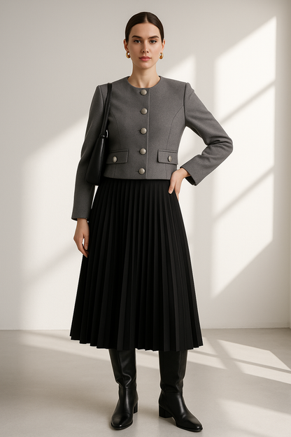 Zaya Gray Collarless Suit Women's Jacket - Cropped Long Sleeve Top