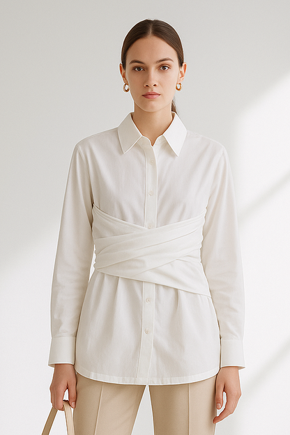 Chloe White Tie-Waist Blouse - Long Sleeve Collared Button-Down Shirt for Women Lumenhaus Collective