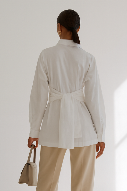 Chloe White Tie-Waist Blouse - Long Sleeve Collared Button-Down Shirt for Women Lumenhaus Collective