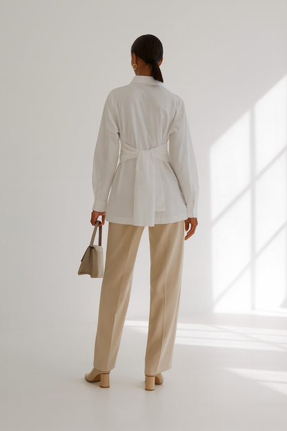 Chloe White Tie-Waist Women's Blouse - Long Sleeve Collared Button-Down Shirt for Women