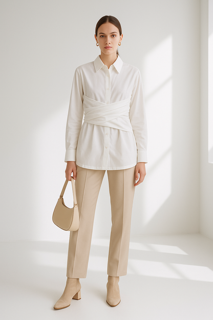 Chloe White Tie-Waist Women's Blouse - Long Sleeve Collared Button-Down Shirt for Women