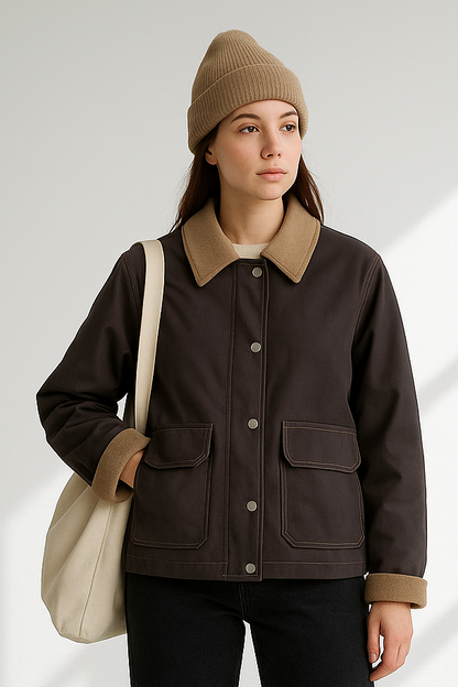 Women's Washed Cotton Utility Jacket - Patch Pocket Lightweight Autumn Coat Lumenhaus Collective