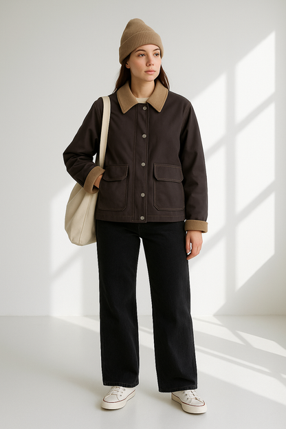 Women's Washed Cotton Utility Jacket - Patch Pocket Lightweight Autumn Coat Lumenhaus Collective