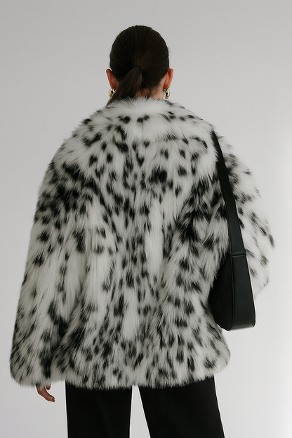 Women's Luxury Jacquard Faux Fur Coat - Black & White Statement Winter Jacket Lumenhaus Collective