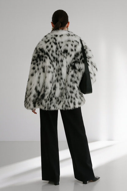 Women's Luxury Jacquard Faux Fur Coat - Black & White Statement Winter Jacket Lumenhaus Collective