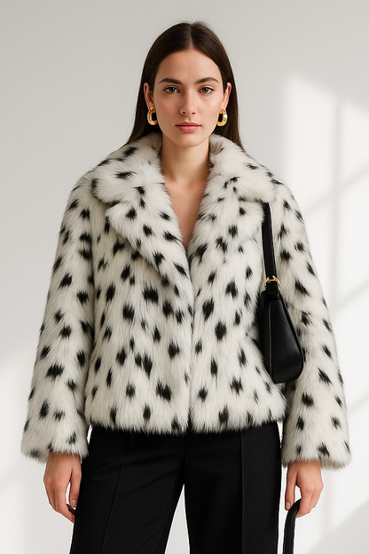 Women's Luxury Jacquard Faux Fur Coat - Black & White Statement Winter Jacket Lumenhaus Collective