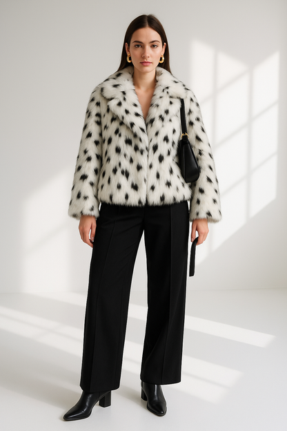 Women's Luxury Jacquard Faux Fur Coat - Black & White Statement Winter Jacket Lumenhaus Collective