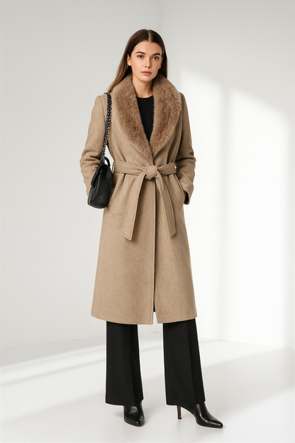 Women's Lapel Fur Collar Coat - Belted Single-Breasted Winter Jacket Lumenhaus Collective