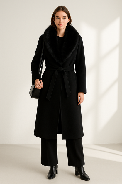 Women's Lapel Fur Collar Coat - Belted Single-Breasted Winter Jacket Lumenhaus Collective