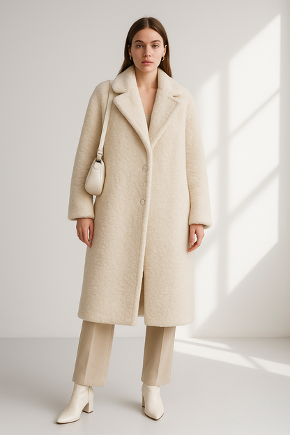 Women's Loose Fit Lambswool Fleece Coat - Button-Front Sherpa Long Jacket Lumenhaus Collective