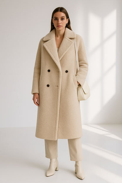 Women's Loose Fit Lambswool Fleece Coat - Button-Front Sherpa Long Jacket Lumenhaus Collective