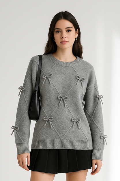 Women's Round Neck Knitted Sweater - Long Sleeve Top with Sweet Bow Detail Lumenhaus Collective