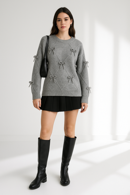 Women's Round Neck Knitted Sweater - Long Sleeve Top with Sweet Bow Detail Lumenhaus Collective