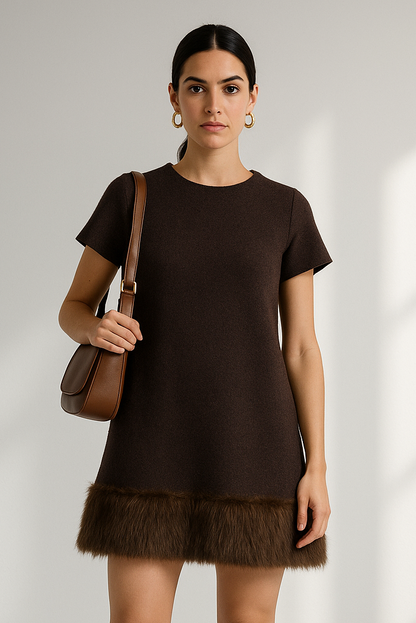 Women's Long Sleeve Knit Dress - Slim Fit with Faux Fur Trim (Brown) Lumenhaus Collective