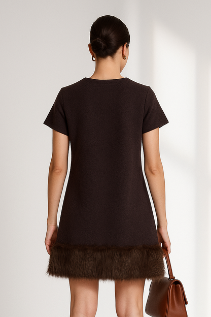 Women's Long Sleeve Knit Dress - Slim Fit with Faux Fur Trim (Brown) Lumenhaus Collective